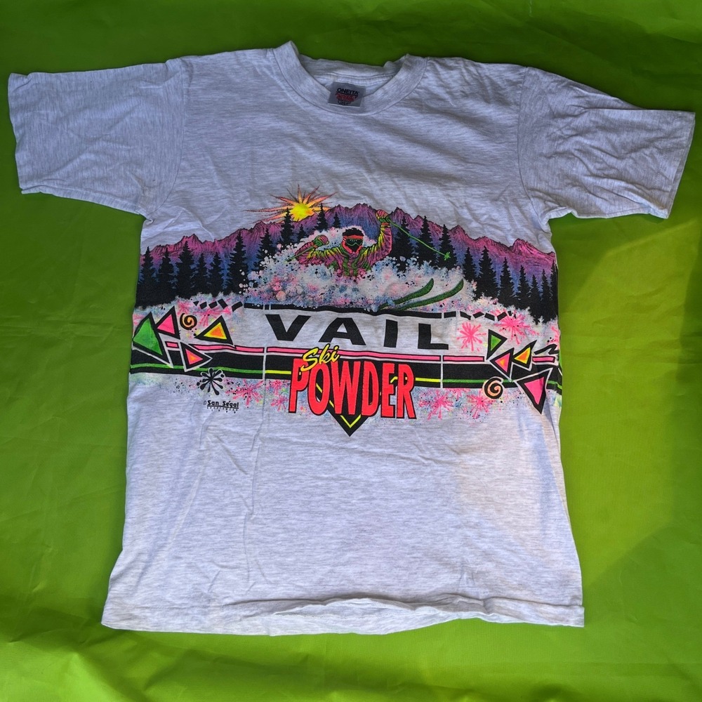 Vintage 90s Oneita Vail Ski Powder Single Stitch Shirt Neon Colorado Medium